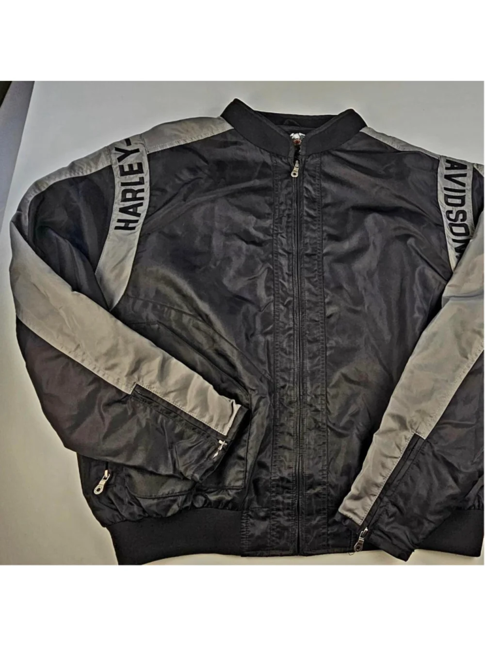 Harley-Davidson Nylon Bomber Jacket Mens Black Gray Embroidered Black 2XL